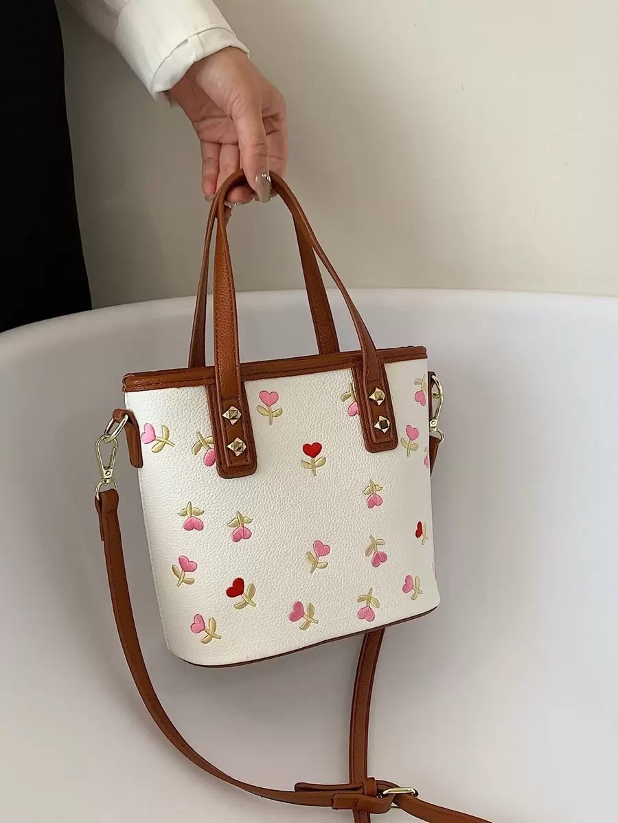 少女、青少年女孩適用的可愛、時尚、極簡、休閒、花卉刺繡斗篷包 - 白色 - 查看 1