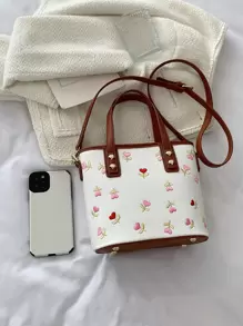 少女、青少年女孩適用的可愛、時尚、極簡、休閒、花卉刺繡斗篷包 - 白色 - 查看 4