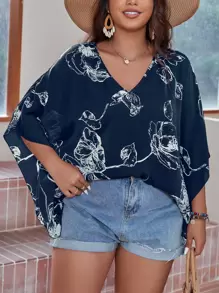 SHEIN LUNE 大碼印花蝙蝠袖襯衫 - 藏蓝色 - 查看 1