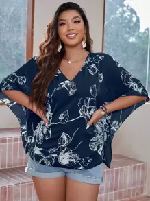 SHEIN LUNE 大碼印花蝙蝠袖襯衫 - 藏蓝色 - 查看 5