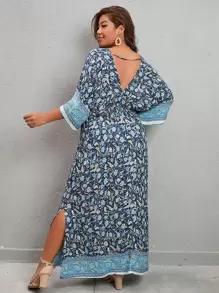 SHEIN Holidaya 大碼滿版印花蝙蝠袖前繫帶洋裝 - 彩色 - 查看 2