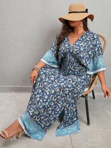 SHEIN Holidaya 大碼滿版印花蝙蝠袖前繫帶洋裝 - 彩色 - 查看 4