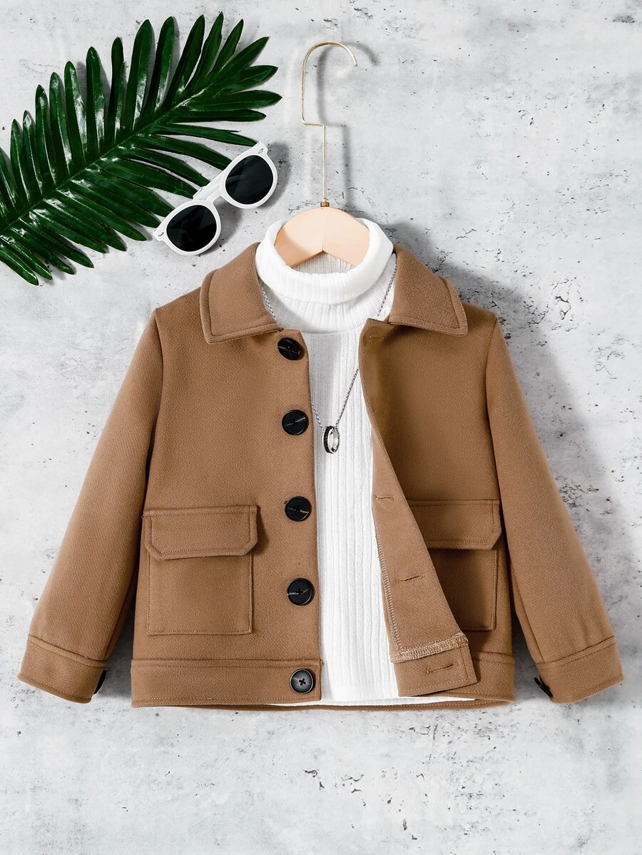 SHEIN 男孩翻蓋口袋外套,不包含毛衣 - 棕色 - 查看 1