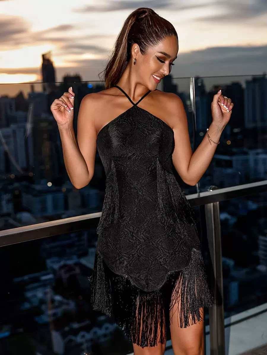 Vestido Flecos Liso Glamour - Negro - Ver 1