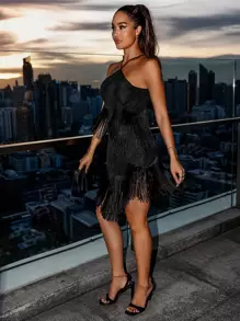 Vestido Flecos Liso Glamour - Negro - Ver 5