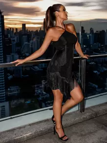 Vestido Flecos Liso Glamour - Negro - Ver 7