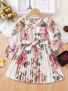 SHEIN 小女童印花荷葉袖百褶下擺繫腰帶洋裝