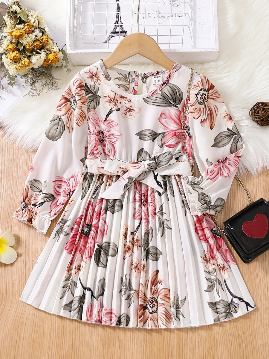 SHEIN 小女童印花荷葉袖百褶下擺繫腰帶洋裝