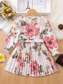 SHEIN 小女童印花荷葉袖百褶下擺繫腰帶洋裝