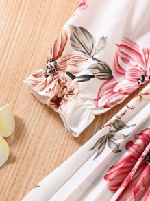 SHEIN 小女童印花荷葉袖百褶下擺繫腰帶洋裝