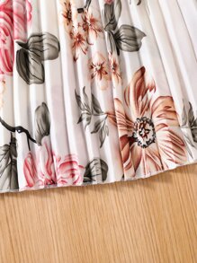 SHEIN 小女童印花荷葉袖百褶下擺繫腰帶洋裝