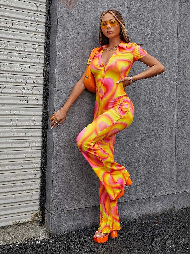 SHEIN ICON 漸層翻領前紐扣連身褲 - 彩色 - 查看 5