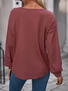 SHEIN LUNE Áo thun nữ Nút phía trước màu trơn Giải trí - Gỗ đỏ - Xem 2