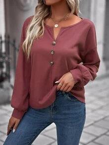 SHEIN LUNE Áo thun nữ Nút phía trước màu trơn Giải trí - Gỗ đỏ - Xem 3