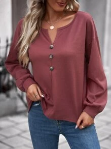 SHEIN LUNE Áo thun nữ Nút phía trước màu trơn Giải trí - Gỗ đỏ - Xem 4