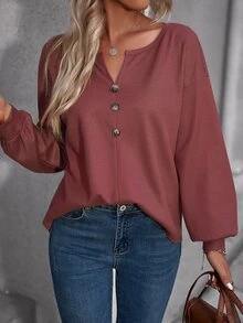 SHEIN LUNE Áo thun nữ Nút phía trước màu trơn Giải trí - Gỗ đỏ - Xem 5