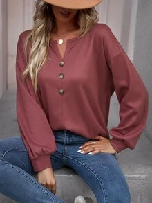 SHEIN LUNE Áo thun nữ Nút phía trước màu trơn Giải trí - Gỗ đỏ - Xem 6