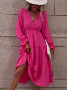 SHEIN VCAY Swiss Dot Overlap Collar Flounce Sleeve Ruffle Hem Dress - Hot Pink - View 1