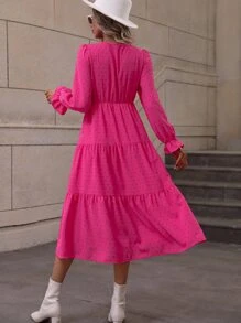 SHEIN VCAY Swiss Dot Overlap Collar Flounce Sleeve Ruffle Hem Dress - Hot Pink - View 2