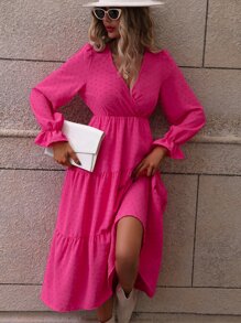 SHEIN VCAY Swiss Dot Overlap Collar Flounce Sleeve Ruffle Hem Dress - Hot Pink - View 5