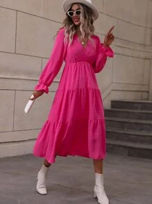 SHEIN VCAY Swiss Dot Overlap Collar Flounce Sleeve Ruffle Hem Dress - Hot Pink - View 6