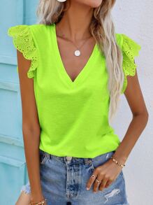 SHEIN Frenchy Eyelet Embroidery Butterfly Sleeve V-Neck Tee - Lime Green - View 1