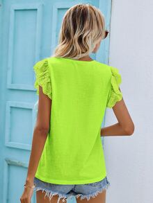 SHEIN Frenchy Eyelet Embroidery Butterfly Sleeve V-Neck Tee - Lime Green - View 2