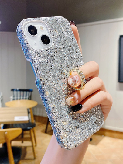 Glitter Phone Case With Rhinestone Decor Ring Holder