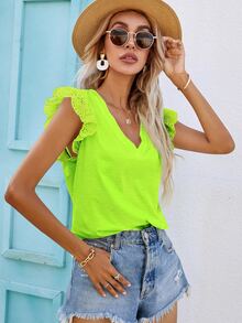 SHEIN Frenchy Eyelet Embroidery Butterfly Sleeve V-Neck Tee - Lime Green - View 4