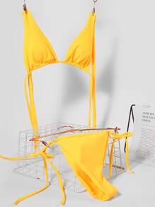 Slaydiva Summer Beach Halter Micro Triangle Thong Bikini - Yellow - View 3
