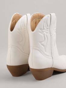 SHUZIA Stitch Detailing Block Heel Mid Calf Boots Cowboy Boots - White - View 3