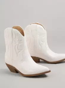 SHUZIA Stitch Detailing Block Heel Mid Calf Boots Cowboy Boots - White - View 2