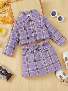 嬰兒格子呢圖案襯衫和腰帶半身裙 - 紫色 - 查看 1