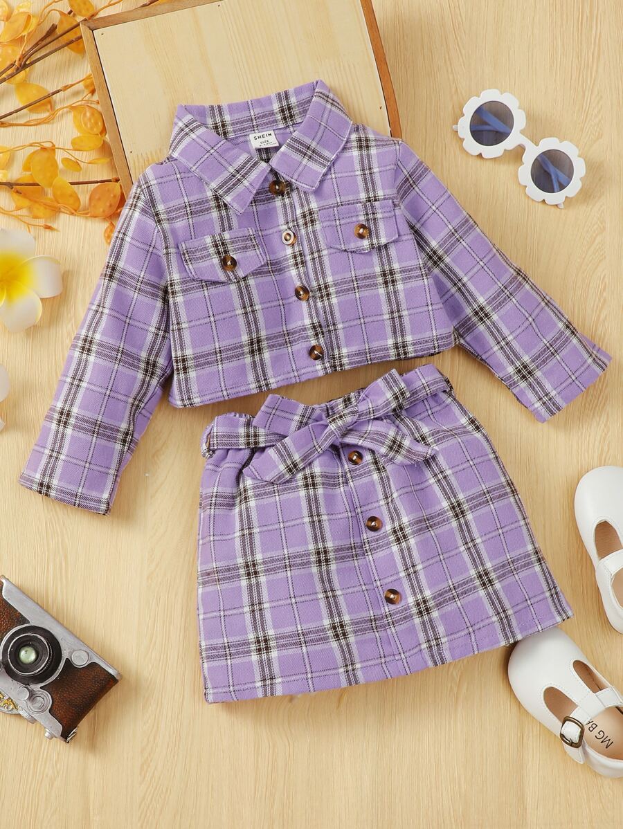 嬰兒格子呢圖案襯衫和腰帶半身裙 - 紫色 - 查看 1