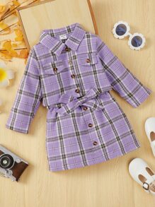 嬰兒格子呢圖案襯衫和腰帶半身裙 - 紫色 - 查看 5