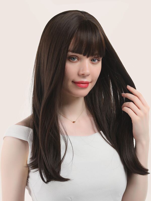 A 20inch brown natural long straight hair wig with bangs, suitable for
