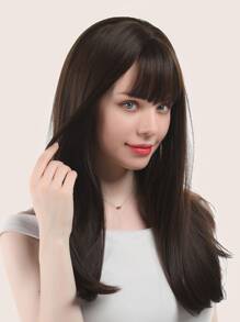 A 20-inch brown natural long straight hair wig with bangs, suitable for everyday use by women - Black - View 3
