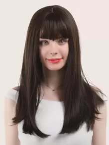 A 20-inch brown natural long straight hair wig with bangs, suitable for everyday use by women - Black - View 7