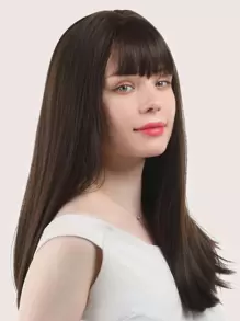 A 20-inch brown natural long straight hair wig with bangs, suitable for everyday use by women - Black - View 8