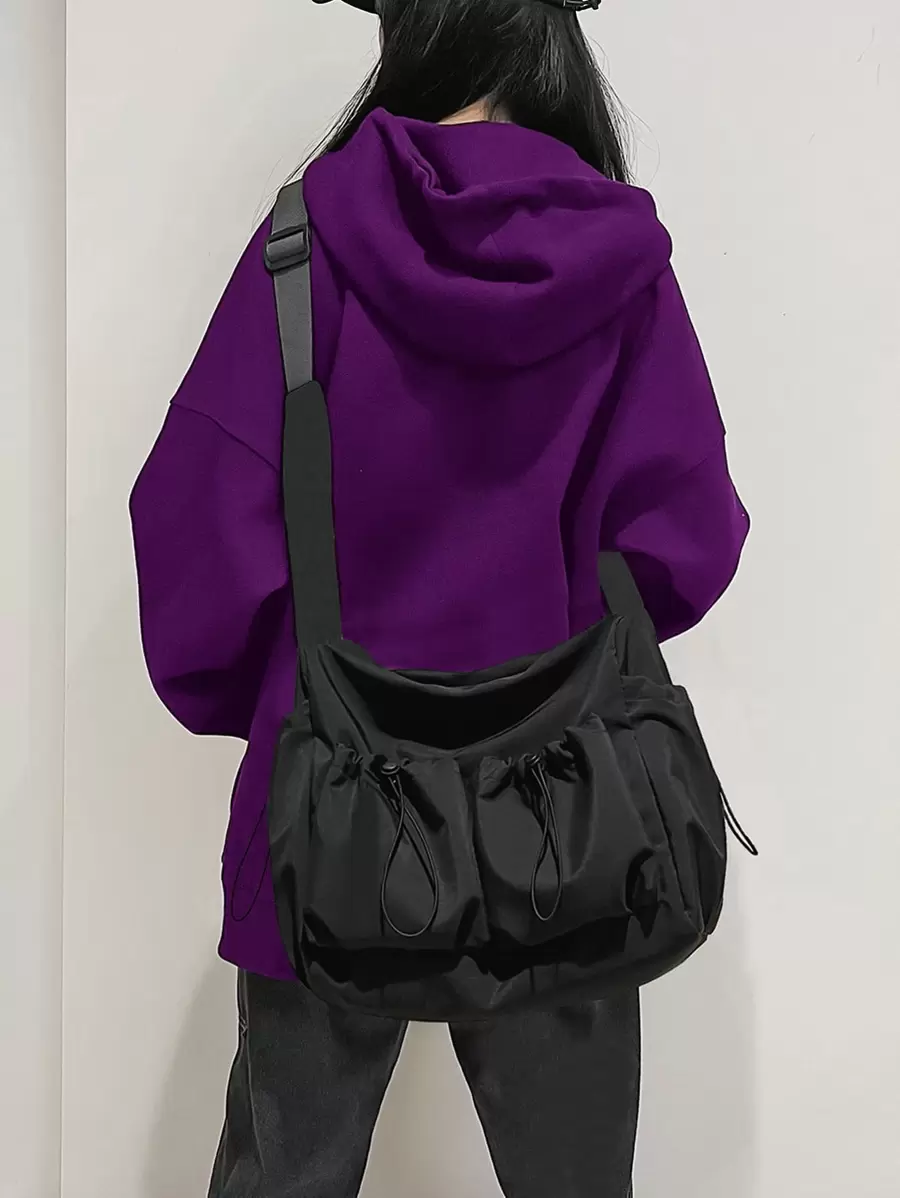 Women's Fashion Solid Color Neutral Shoulder Bag And Crossbody Bag With Drawstring Pockets - Black - View 1