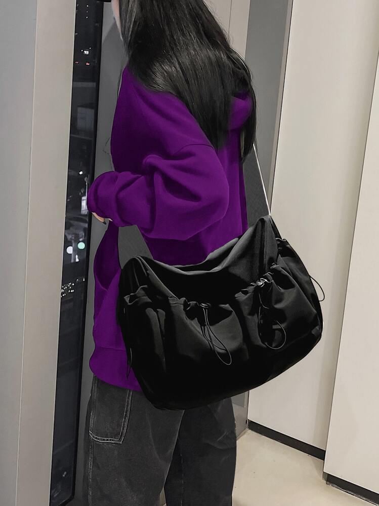 Bolso de hombro y bandolera de unicolor de moda para mujer con bolsillos con cordón - Negro - Añade 2