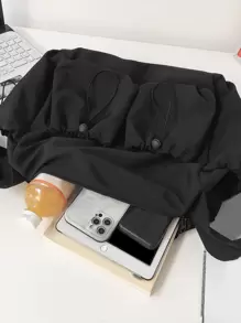 Women's Fashion Solid Color Neutral Shoulder Bag And Crossbody Bag With Drawstring Pockets - Black - View 4
