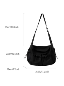Women's Fashion Solid Color Neutral Shoulder Bag And Crossbody Bag With Drawstring Pockets - Black - View 6