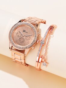 1pc rhinestone trang trí đồng hồ thạch anh ba mặt số và vòng tay 1pc - Hoa hồng vàng - Xem 1