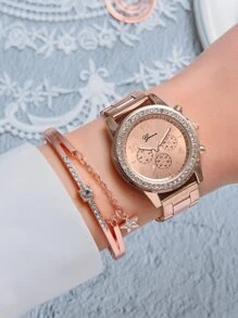 1pc rhinestone trang trí đồng hồ thạch anh ba mặt số và vòng tay 1pc - Hoa hồng vàng - Xem 2
