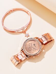 1pc rhinestone trang trí đồng hồ thạch anh ba mặt số và vòng tay 1pc - Hoa hồng vàng - Xem 4