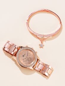 1pc rhinestone trang trí đồng hồ thạch anh ba mặt số và vòng tay 1pc - Hoa hồng vàng - Xem 5