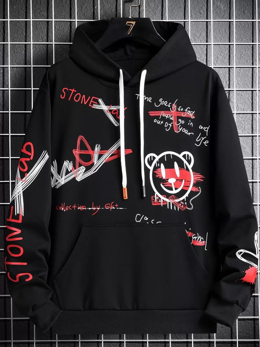 Manfinity LEGND Men's Loose Fit Cartoon & Letter Print Hooded Sweatshirt Graffiti Colorful Long Sleeve Hoodie, For Friends, Husband, Boyfriend Gifts - Black - View 1