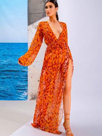 LOVE&LEMONADE Omgiven Slits Leopard Boho Klänning