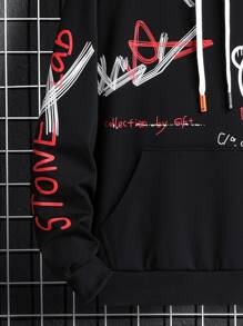 Manfinity LEGND Men's Loose Fit Cartoon & Letter Print Hooded Sweatshirt Graffiti Colorful Long Sleeve Hoodie, For Friends, Husband, Boyfriend Gifts - Black - View 3